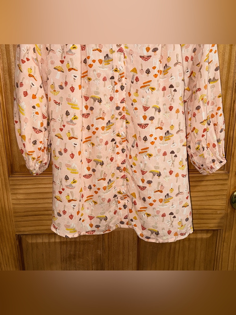 NWT Wallpapher Pale Pink Mushroom-Print Peasant BD Shirt w/Multicolor Accents-S - Picture 5 of 10